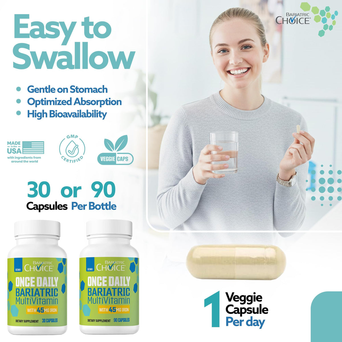 Bariatric Choice Once-Daily Bariatric Multivitamin with 45 mg of Iron - Easy to Swallow Capsule - Vitamin for Bariatric Surgery Patients