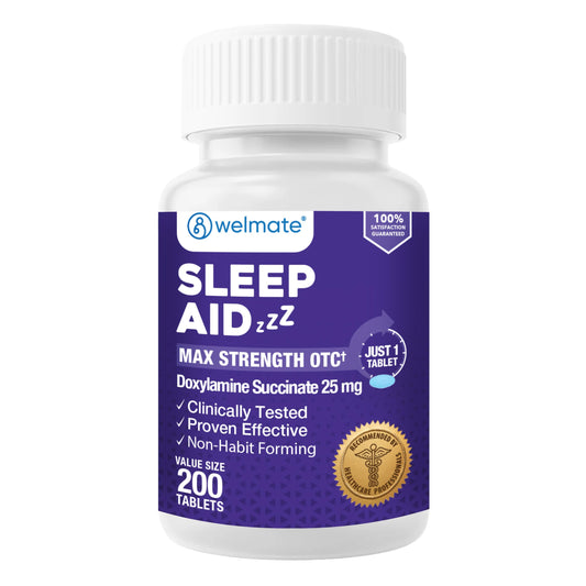 WELMATE Sleeping Pills for Adults - Doxylamine Succinate 25mg Nighttime Sleep Aid Tablets, 200 Count - Non-Habit Forming, Fall Asleep Faster, Maximum Strength Sleep Pills