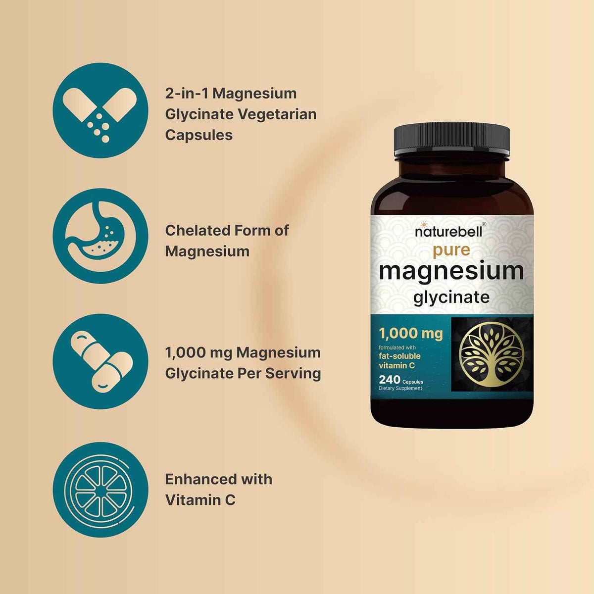 NatureBell Pure Magnesium Glycinate 1,000 mg, 240 Vegetarian Capsules - 1,000 mg Magnesium Glycinate Per Serving - Chelated Magnesium Form with Vitamin C - Non-GMO, Filler Free, cGMP Manufactured