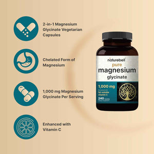 NatureBell Pure Magnesium Glycinate 1,000 mg, 240 Vegetarian Capsules - 1,000 mg Magnesium Glycinate Per Serving - Chelated Magnesium Form with Vitamin C - Non-GMO, Filler Free, cGMP Manufactured