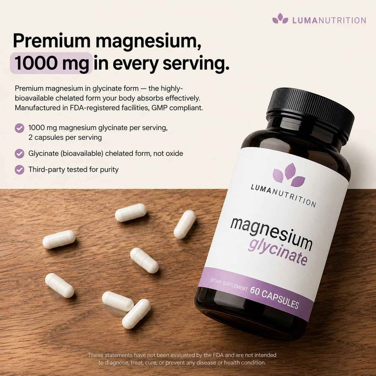 Luma Nutrition Magnesium Glycinate 1000mg Supplement - 60 Capsules