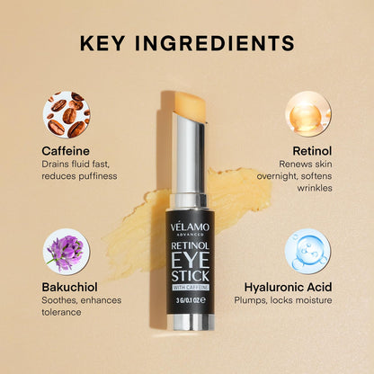 VELAMO ADVANCED Retinol Eye Stick (3g) - Upgraded Formula with 1% Bakuchiol & Caffeine for Dark Circles, Puffiness & Wrinkles