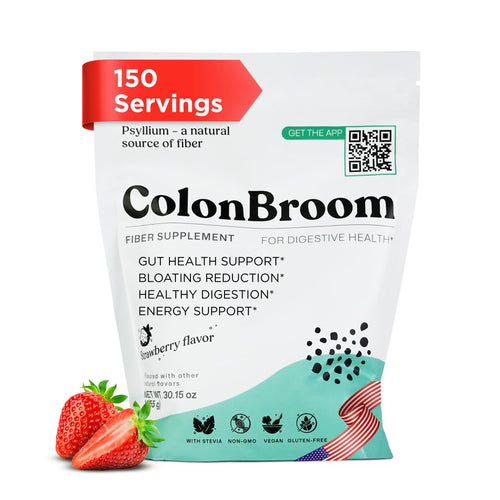 ColonBroom Psyllium Husk Powder (Strawberry) - Colon Cleanse for Bloating Relief & Gut Health - Colon Broom Fiber Powder Drink - Vegan, Gluten Free, Non-GMO Fiber Powder Supplement, 50 Servings
