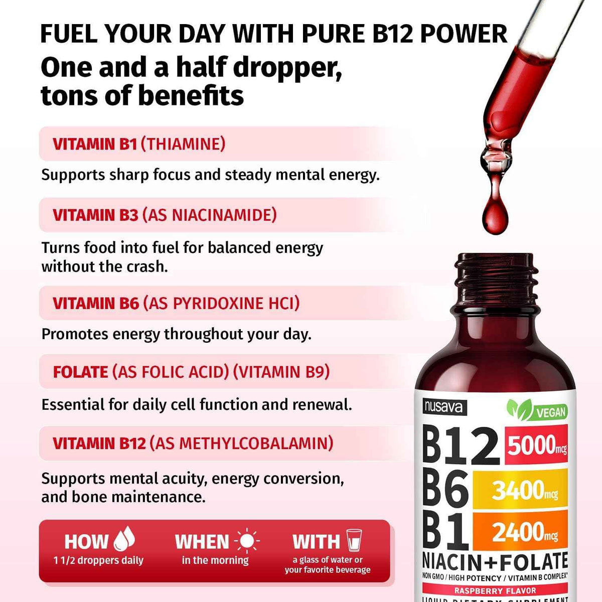 NUSAVA (2-Pack) Methylated B Complex Liquid Drops Raspberry and (2-Pack) Liquid Vitamin B12 Drops - High Potency Methylfolate and Sublingual B12 for Daily Energy and Balance Support