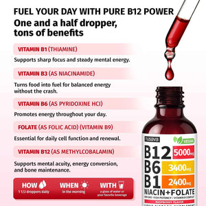 NUSAVA (2-Pack) Methylated B Complex Liquid Drops Raspberry and (2-Pack) Liquid Vitamin B12 Drops - High Potency Methylfolate and Sublingual B12 for Daily Energy and Balance Support