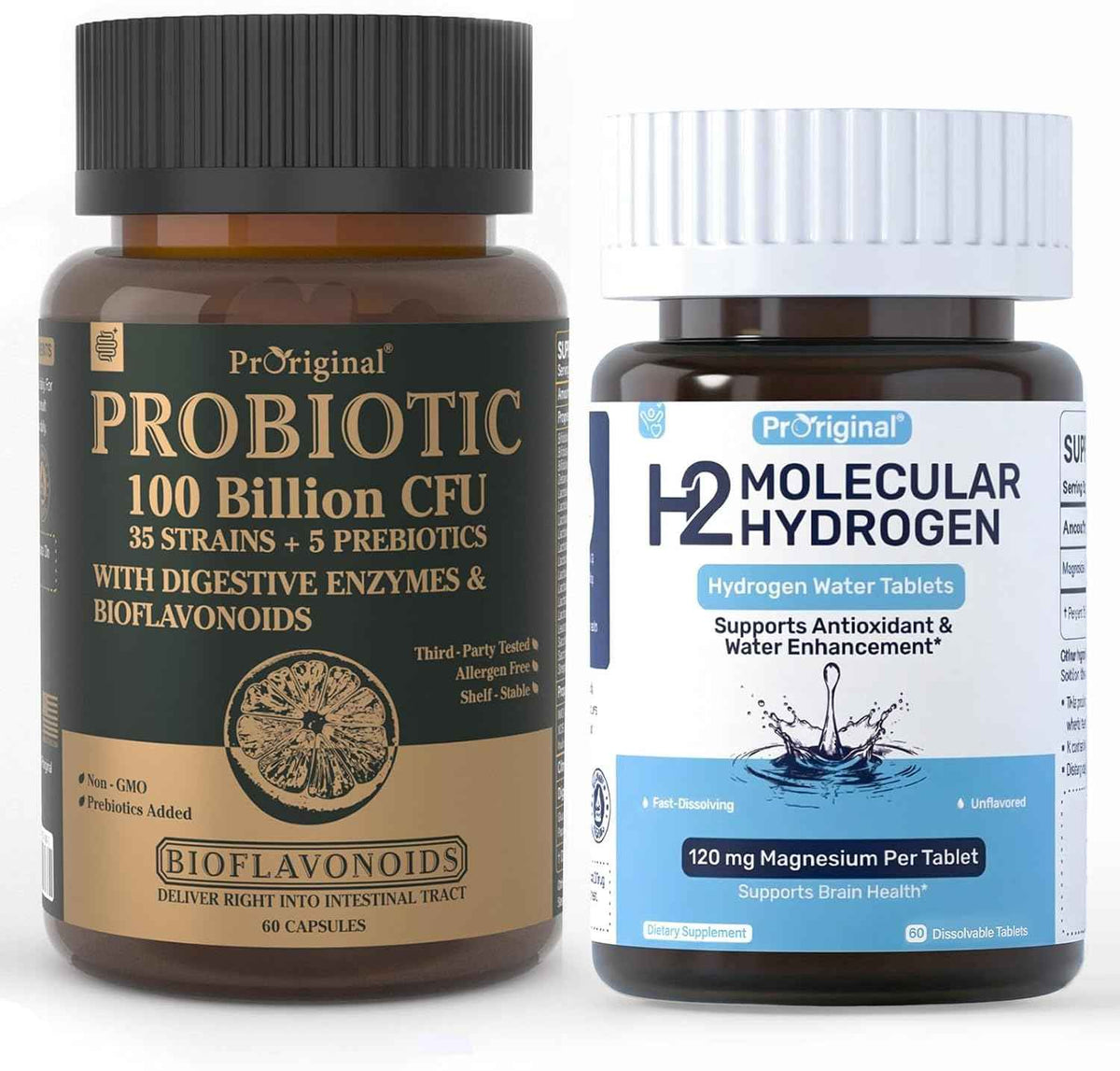 12 PPM Molecular Hydrogen Tablets & 35-Strain Probiotics with Prebiotics - Daily Wellness & Digestive Routine - 2 Items