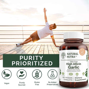 Natural Nutra High Allicin Garlic Supplement, Supports Immune System, Improve Heart Health, Improve Enzymes Health, Better Digestion, Fights Cold and Flu, Vanilla Coating, 500mg, 60 Vegan Tablets