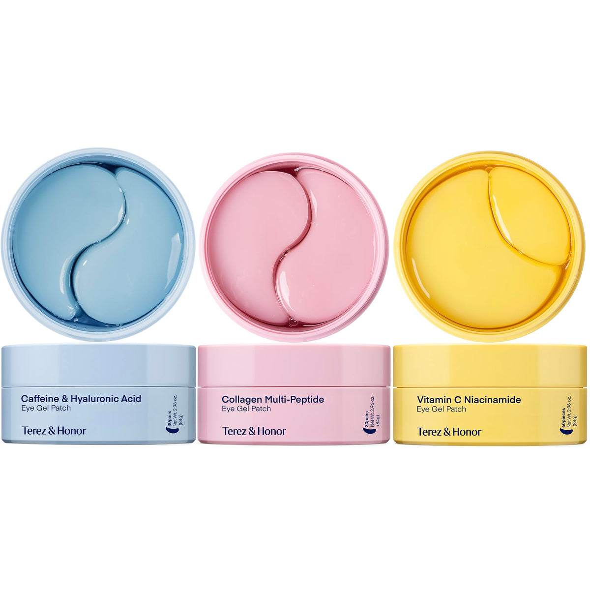 TEREZ & HONOR Eye Patches Gift Set - 3-Pack Variety (180 Pcs) - Korean Hydrogel Masks with Caffeine, Collagen & Vitamin C + Travel Case Included