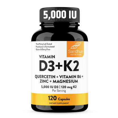Sandhu's Vitamin D3 K2 Magnesium 5000 IU, 120mcg K2 Capsules 120 Count (Pack of 1) - with VIT B6, Zinc & Quercetin - D3K2 Supports Superior Absorption