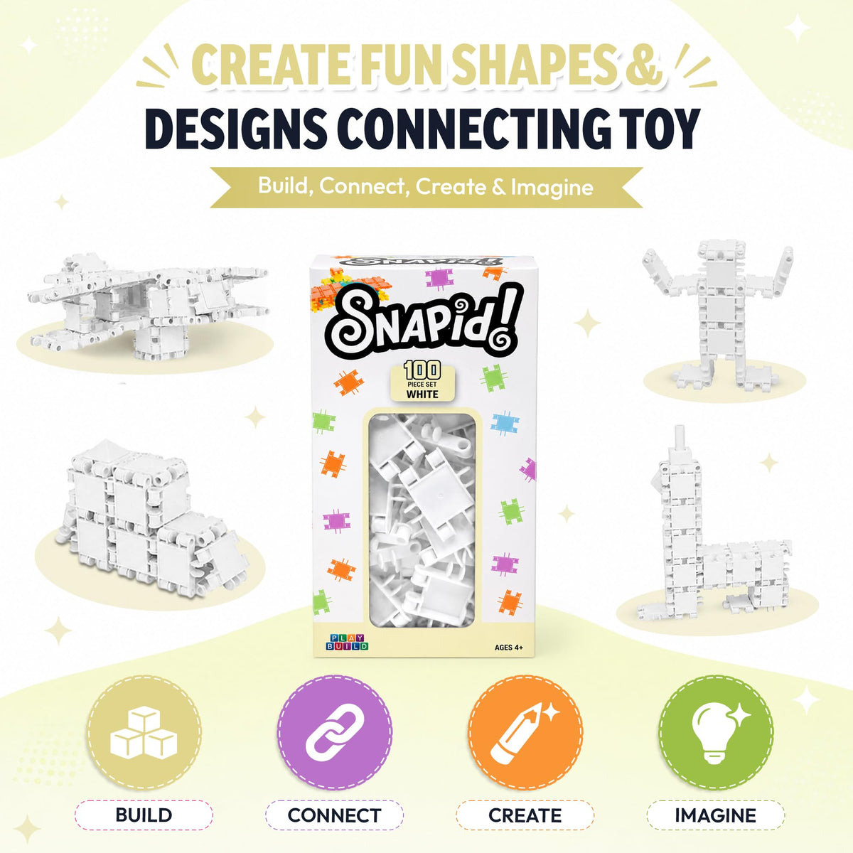 Play Build 100 Piece White Snap Connecting Building Toy Set for Kids