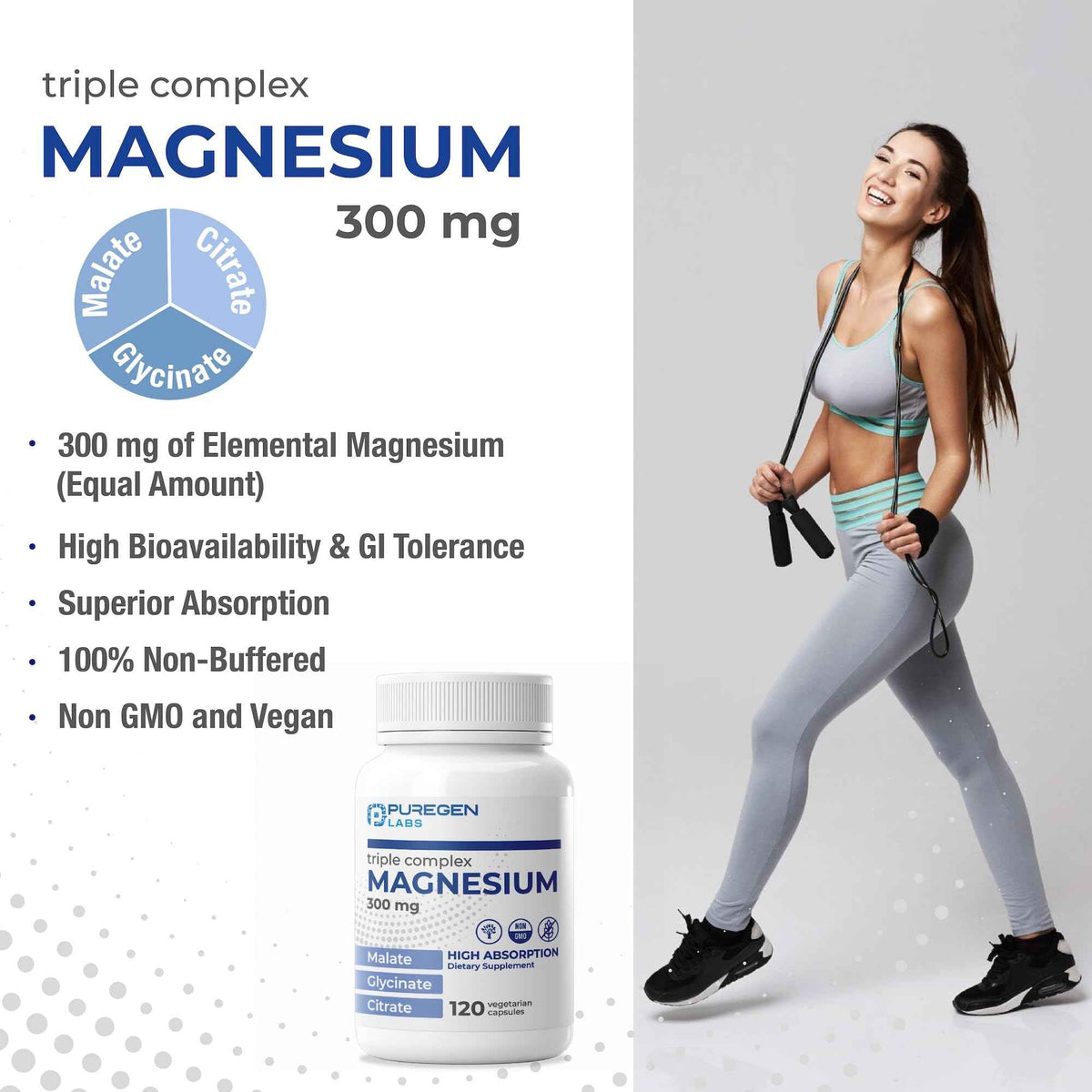 Puregen Labs Triple Magnesium Complex 300mg of Magnesium Glycinate, Malate, & Citrate [High Absorption] 120 Veg Capsules - No Harmful Additives - Non-GMO, NO Gluten and Dairy