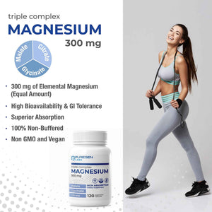 Puregen Labs Triple Magnesium Complex 300mg of Magnesium Glycinate, Malate, & Citrate [High Absorption] 120 Veg Capsules - No Harmful Additives - Non-GMO, NO Gluten and Dairy