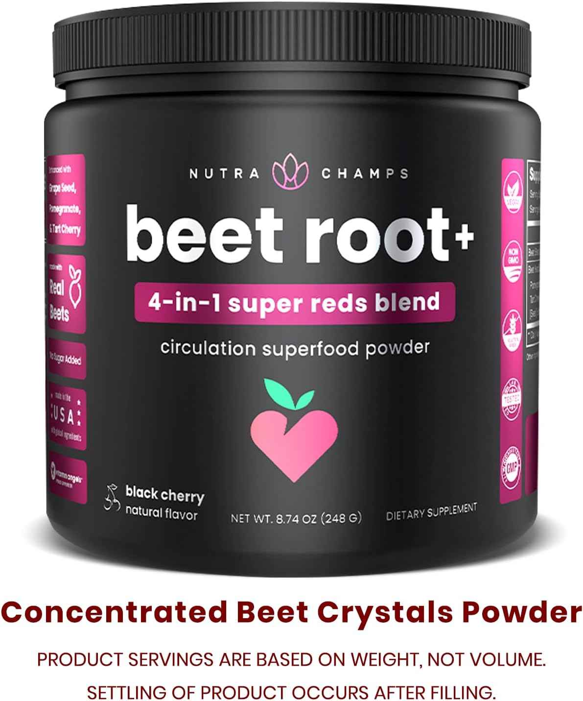 NutraChamps Beet Root Powder Circulation Supplement, Superfood Powder Nitric Oxide with Beetroot Juice, Super Reds & Grape Seed Extract, No Sugar Beet Supplement - 8.74 Oz