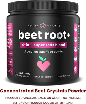 NutraChamps Beet Root Powder Circulation Supplement, Superfood Powder Nitric Oxide with Beetroot Juice, Super Reds & Grape Seed Extract, No Sugar Beet Supplement - 8.74 Oz