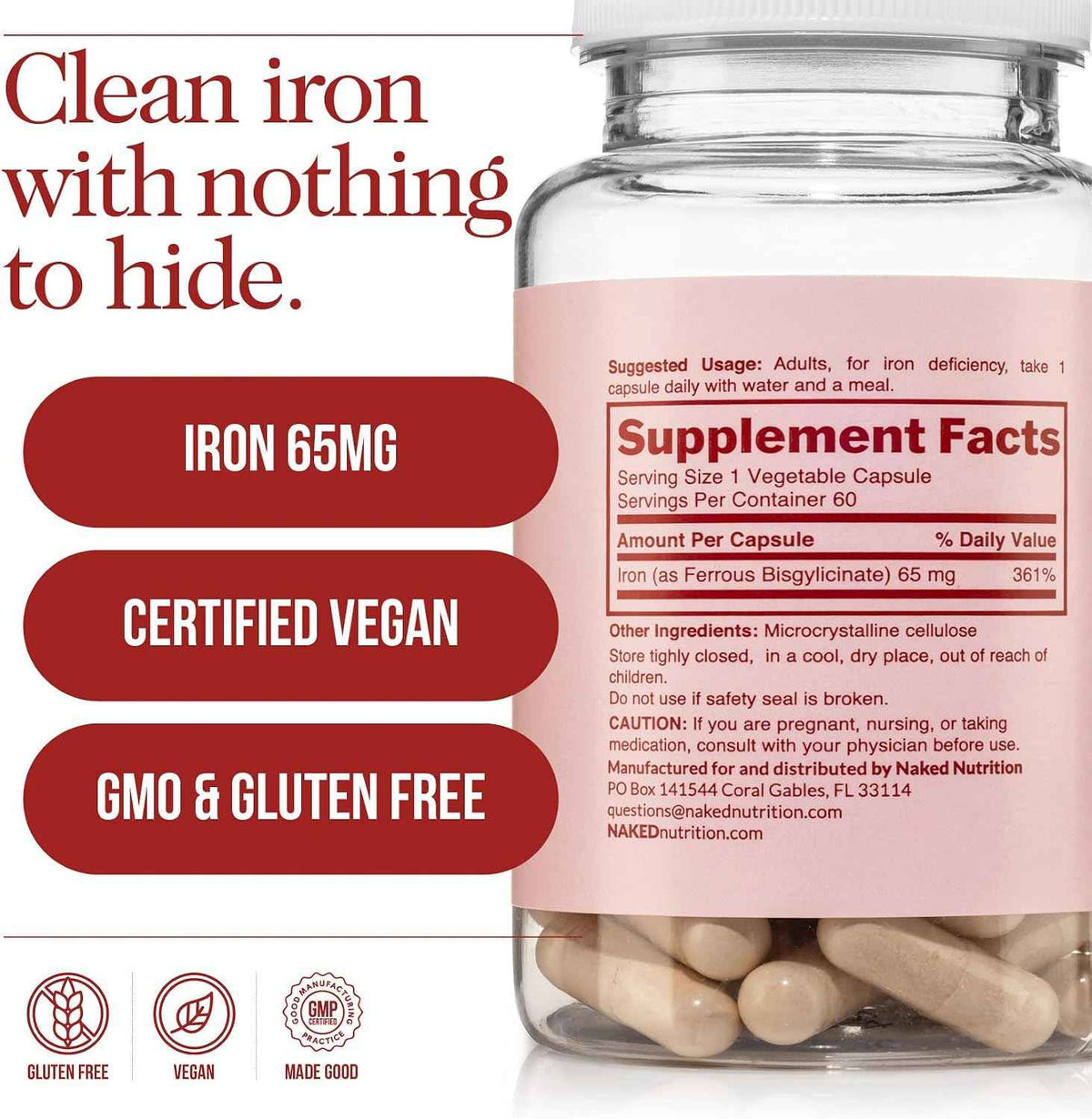 Naked Iron + Vitamin C Bundle - High-Potency Supplement for Deficiency, Energy Support, Red Blood Cell & Daily Antioxidant Immune Support - 65 mg Iron (60 Caps) + 500 mg Vitamin C (90 Caps)