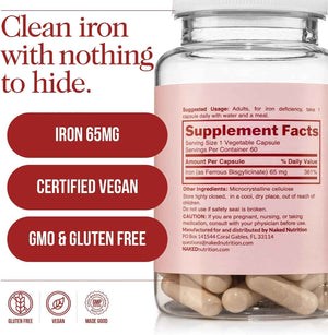 Naked Iron + Vitamin C Bundle - High-Potency Supplement for Deficiency, Energy Support, Red Blood Cell & Daily Antioxidant Immune Support - 65 mg Iron (60 Caps) + 500 mg Vitamin C (90 Caps)