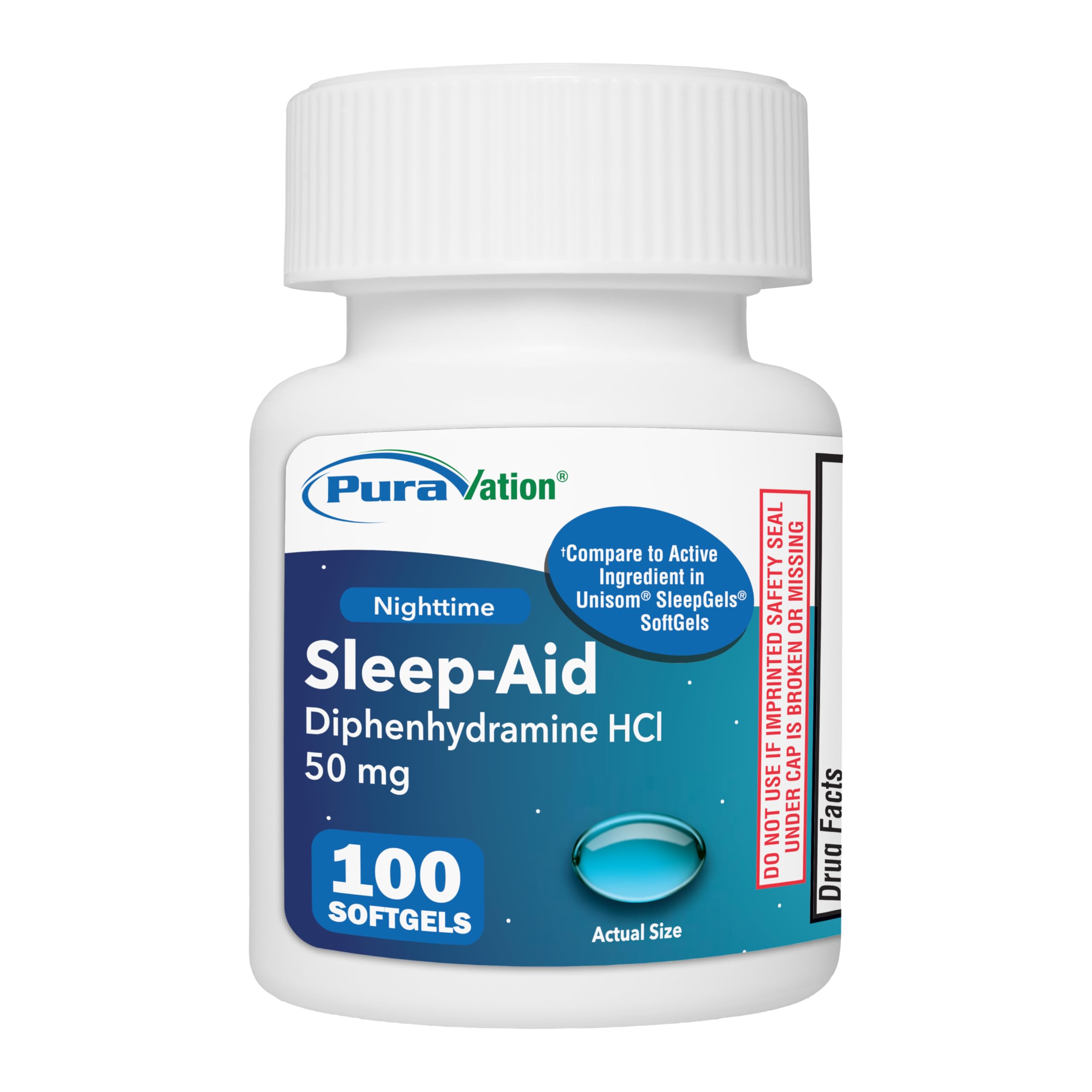 PURAVATION Nighttime Sleep Aid Softgels, Diphenhydramine 50mg, Supports Deeper, Restful Sleeping, Non-Habit-Forming, Maximum Strength, 100 Count