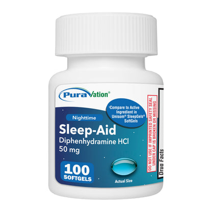 PURAVATION Nighttime Sleep Aid Softgels, Diphenhydramine 50mg, Supports Deeper, Restful Sleeping, Non-Habit-Forming, Maximum Strength, 100 Count