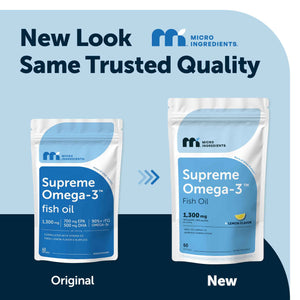 Micro Ingredients Supreme Omega-3 Fish Oil w/Ultra High EPA & DHA, Burpless Softgels - rTG Omega-3 with Vitamin D3 - Wild-Caught Cold Deep-Sea Fish - Lemon Flavor, Easy to Swallow, 60ct
