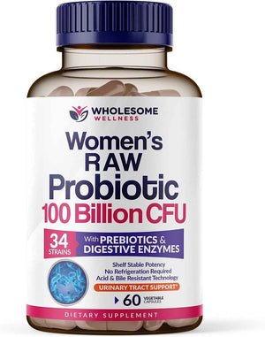 Wholesome Wellness Dr. Formulated Raw Probiotics for Women 100 Billion CFUs + Digestive Enzymes 1000MG Plus Prebiotics & Probiotics Supplement Bundle