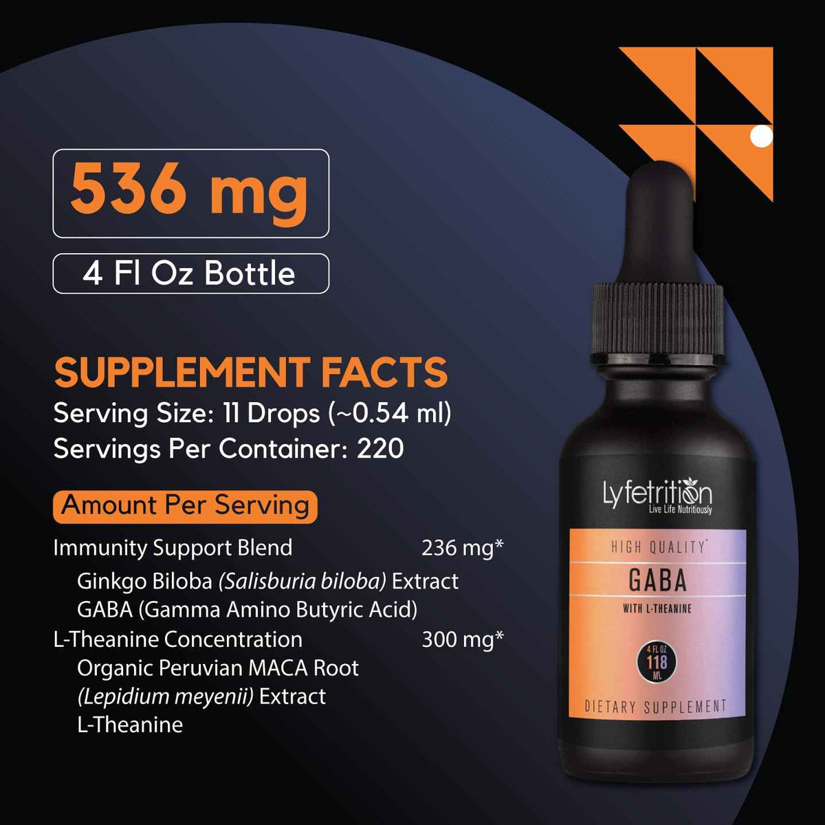 Lyfetrition GABA with L-Theanine, Ginkgo Biloba (Salisburia biloba) Extract, Organic Peruvian MACA Root (Lepidium meyenii) Extract, 118 ml, 4 FL Oz Liquid, 220 Servings, Made in USA, Quick Absorption