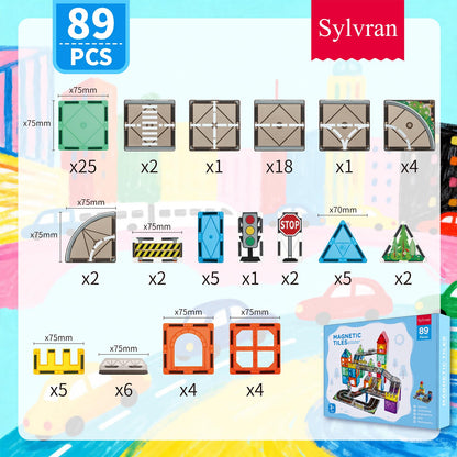 Sylvran Magnetic Tiles Road Set, 89 PCS Magnetic Building Blocks with Roads, Bridges & Ramps, STEM City Building Toys for Kids Ages 3-8, Educational Construction Magnet Toys, Gifts for Boys Girls