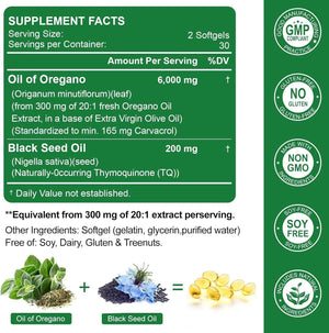 Nature's live Oil of Oregano with Black Seed Oil, 2 in 1 Oregano Supplement for Immune Health, Retains High Concentrated Carvacrol & Thymoquinone
