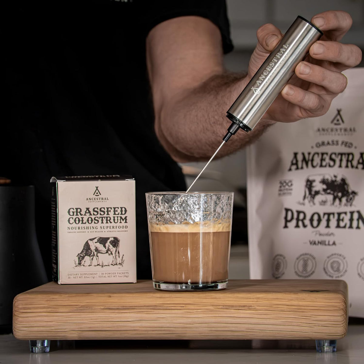 Ancestral Supplements Rechargeable Electric Frother Wand, Stainless Steel - Handheld milk frother and electric whisk for coffee, matcha latte and protein shakes. Fast, easy frothing.