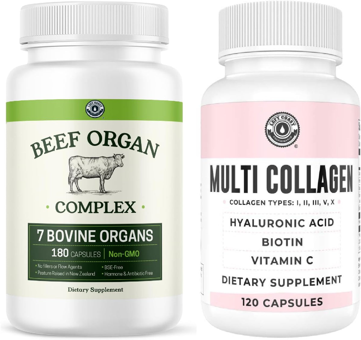 Left Coast Performance Beef Organ Complex Capsules, 180 Count + Multi Collagen Capsule, 120 Count