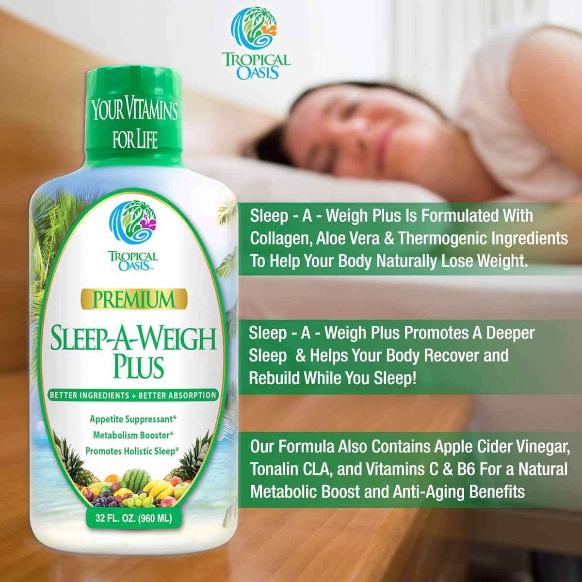 Tropical Oasis Sleep-A-Weigh Plus | Liquid Sleep Multimineral | w/Collagen, L-Carnitine, L-Lysine, Tonalin CLA, Apple Cider Vinegar, 5-HTP, Vitamins, 32 Fl Oz (Pack of 1), 33630
