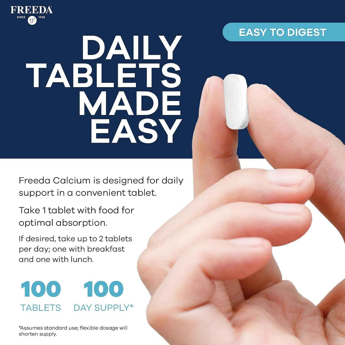 FREEDA Calcium 600mg Tablets for Bone, Joint & Teeth Support - 100 Count - Gluten-Free, Easy-to-Swallow Coated Tablets to Support Healthy Bones, Joints, Teeth, Muscle Function & Nerve Health