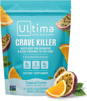 Ultima Replenisher Crave Killer Supplement, Tropical Fusion, 14 Stickpacks - Daily Zero Sugar Electrolyte Powder Hydration Packets with 6 Key Electrolytes & Chromax to Help Curb Cravings - Keto Friendly
