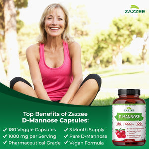 Zazzee D-Mannose, 1000 mg per Serving, 180 Vegan Capsules, 3 Month Supply, Potent & Fast-Acting, Certified Kosher, 100% Pure, All-Natural Urinary Tract Health Support, 100% Vegetarian, Non-GMO ZazzeeBuy Supplements Australia