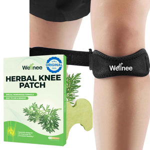 Wellnee Knee Support Bundle - Adjustable Patella Knee Strap + Herbal Knee Patches for Everyday Comfort, Activity & Recovery (1 Strap + 10 Patches)