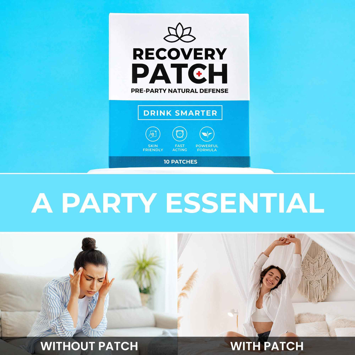 Party - Wake Up Refreshed & Energized - 100% Natural Ingredients Patch, Individually Wrapped, Skin-Friendly & Waterproof, Enhanced Morning Formula - 10 Pack