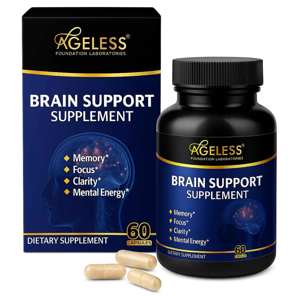 Ageless Anti-Aging & Brain Health - UltraMAX Gold HGH Capsules + Nootropic Brain Supplement for Memory, Focus, Immune Support & Restful Sleep - 90 + 60 Capsules
