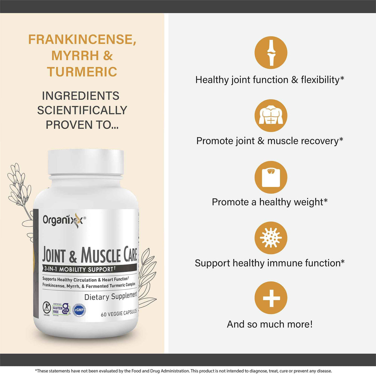Organixx Joint & Muscle Care Organic Turmeric Supplement, 3-in-1 Frankincense, Turmeric and Myrrh Joint Health & Joint Support Supplement Body Care Capsules, Supports Swelling, Tension, 60 Capsules