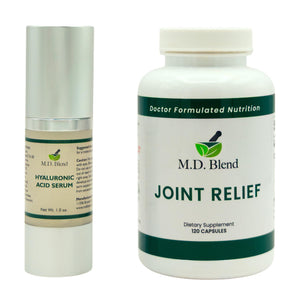 M.D. Blend Wellness Bundle with joint health supplement (120 capsules) & lightweight face hydrating hyaluronic acid serum (30 ml) featuring an airless pump, daily wellness skincare + joint support duo M.D. BlendBuy Supplements Australia