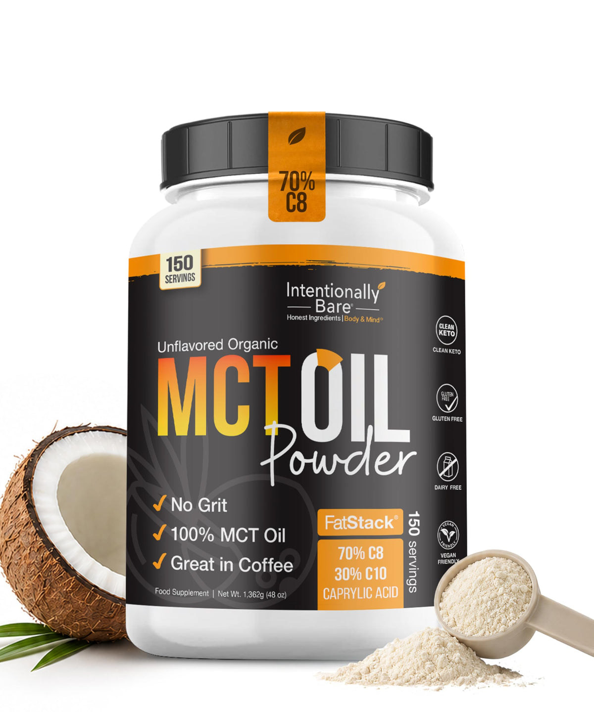 Intentionally Bare MCT Oil Powder - Unflavored – Zero net Carbs 48oz