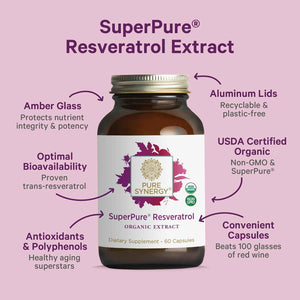 PURE SYNERGY SuperPure Resveratrol Extract - Organic Resveratrol Supplement - Antioxidant Trans-Resveratrol Extract with Grape Polyphenols - for Healthy Aging, Heart, and Skin Health (60 Capsules)