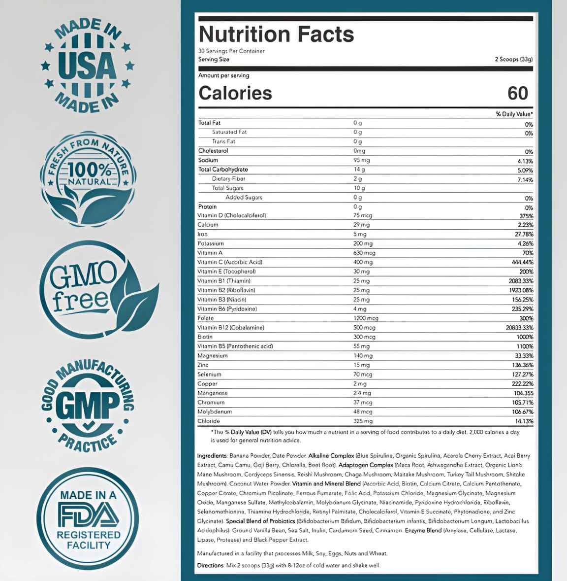 ELYXaR Daily Superfood Complex - Supplement Powder - 60+ Vitamins, Minerals, Wholefood-Sourced Ingredients, Stress Adaptogens, Pro & Prebiotics, Digestive Enzymes, & Electrolytes - 30 Servings