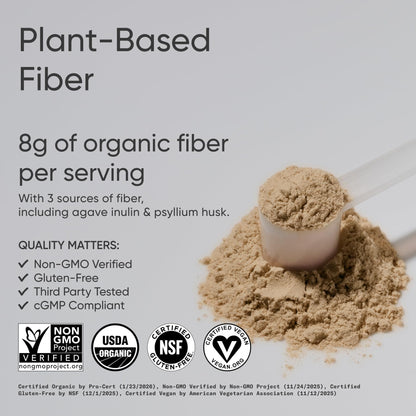 Sports Research® Organic Fiber Unflavored – Organic Fiber Powder - Daily Psyllium Husk and Prebiotic Agave Inulin, Helps Maintain Regularity* with Soluble & Insoluble Fiber - Easy to Mix, 30 Servings