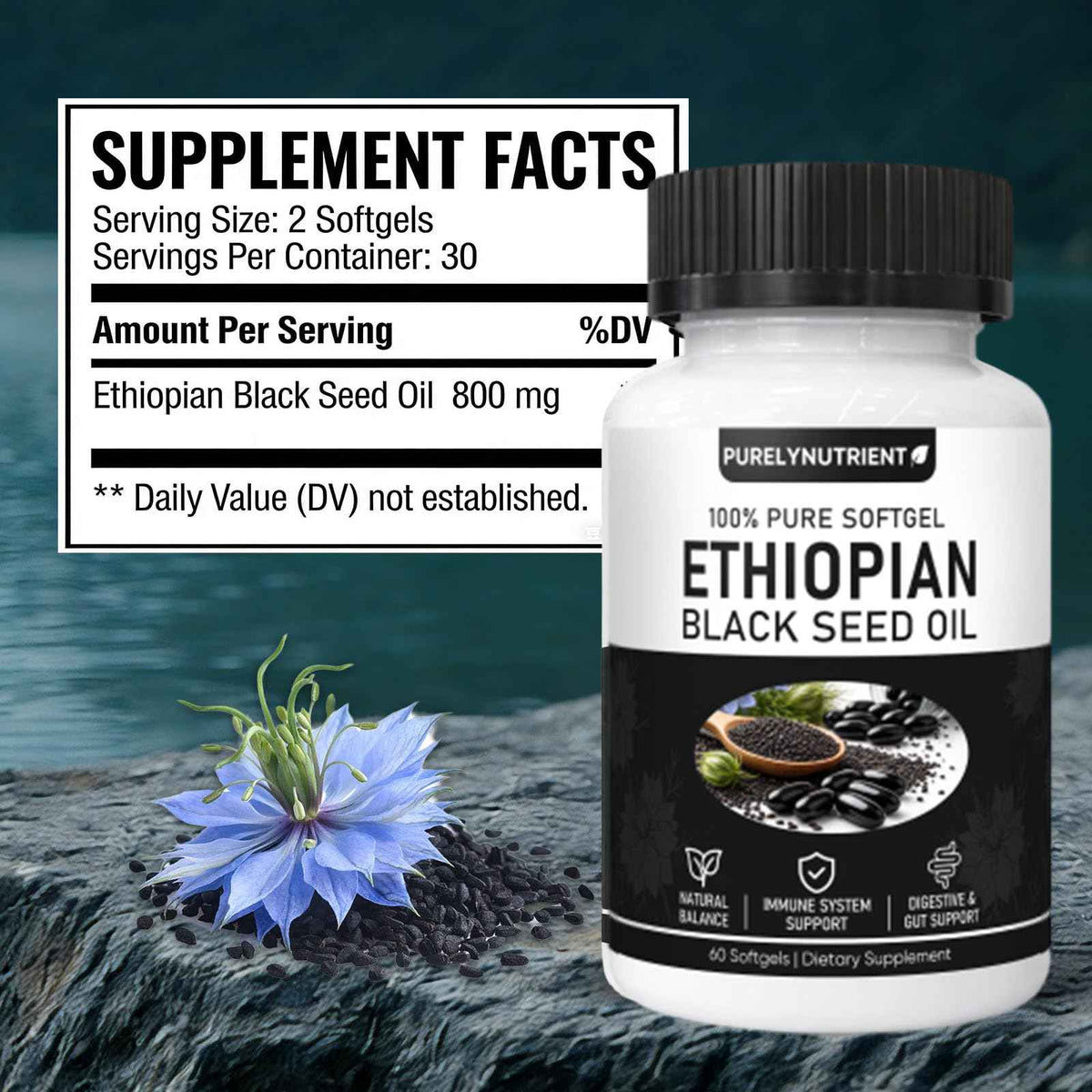 TUVAAZ PURELYNUTRIENT Ethiopian Black Seed Oil Capsules with 4.64% Thymoquinone, Immune Support & Digestion & Energy Booster