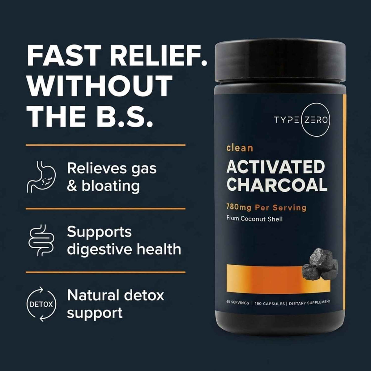 Type Zero Activated Charcoal (780mg) 180 Capsules, 60 Servings, Gluten-Free - From Coconut Shell, GMO-Free