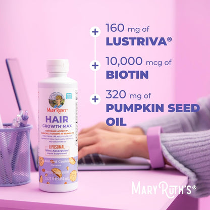 MaryRuth's Hair Growth Max Liposomal for Women - Lustriva + Biotin 10000mcg + Pumpkin Seed Oil - Thicker Hair - Hair Care - Wrinkles, Fine Lines, Skin Care - Ages 18+ - CLP Certified - 15.22 Fl Oz