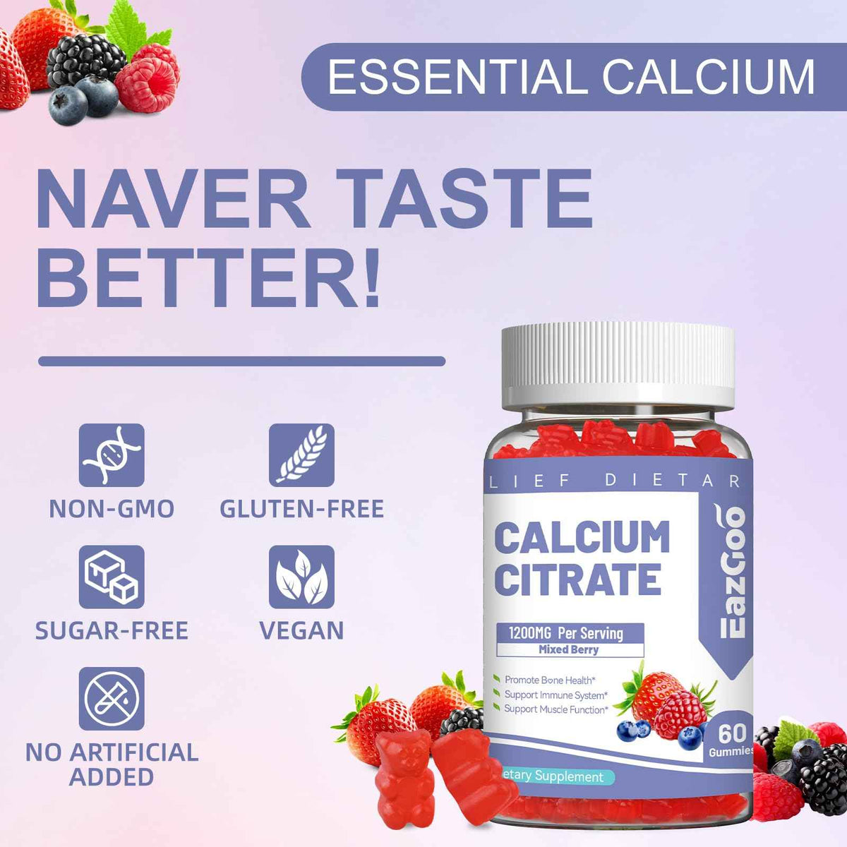 Calcium Citrate Gummies, Chewable 1200mg Calcium Gummies for Women & Men, Calcium Supplement for Muscle & Immune Support,