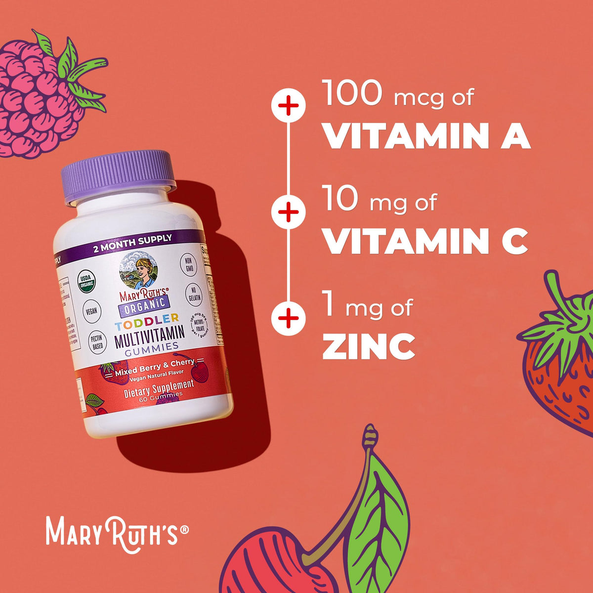 MaryRuth's Toddler Multivitamin Gummies - USDA Organic - 2 Month Supply - Kid & Toddlers Age 2+ Daily Multivitamin: Vitamin C, D3, Zinc - Kids Vitamins - Only 1 Gummy Per Day - 60 Ct (60 Day Supply)