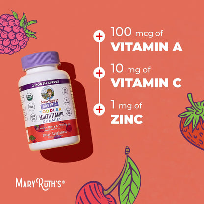 MaryRuth's Toddler Multivitamin Gummies - USDA Organic - 2 Month Supply - Kid & Toddlers Age 2+ Daily Multivitamin: Vitamin C, D3, Zinc - Kids Vitamins - Only 1 Gummy Per Day - 60 Ct (60 Day Supply)