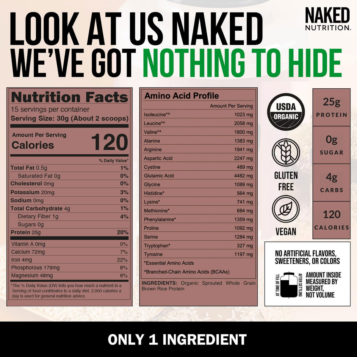 NAKED Rice 1Lb - Organic Brown Rice Protein Powder - Vegan Protein Powder, GMO Free, Gluten Free & Soy Free. Plant-Based Protein