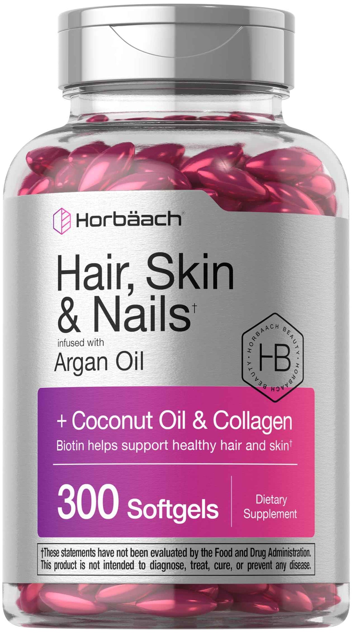 Horbäach Hair Skin and Nails Vitamins - 300 Softgels - with Biotin and Collagen - Infused with Argan Oil and Coconut Oil